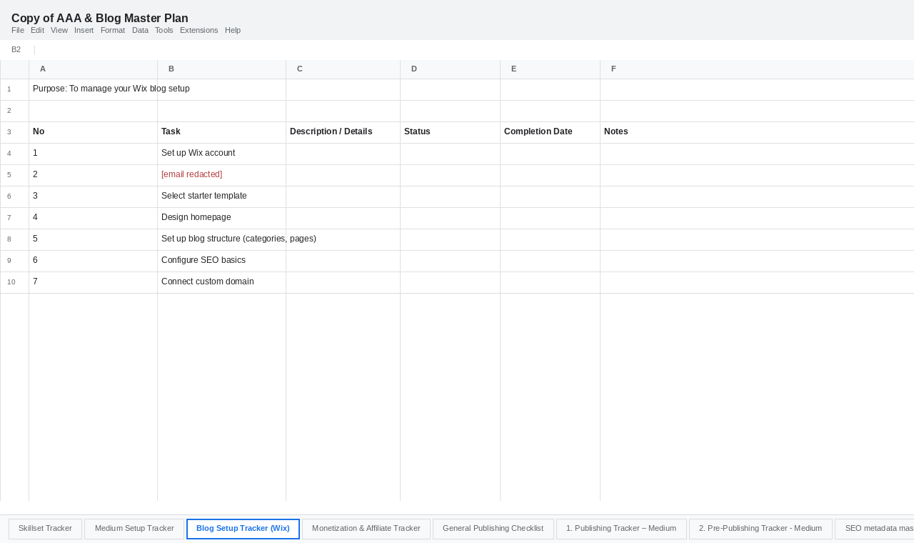 The master Google Sheets tracker used to manage the manual Wix blog workflow — skillset, blog setup, publishing checklist, and monetisation tabs
